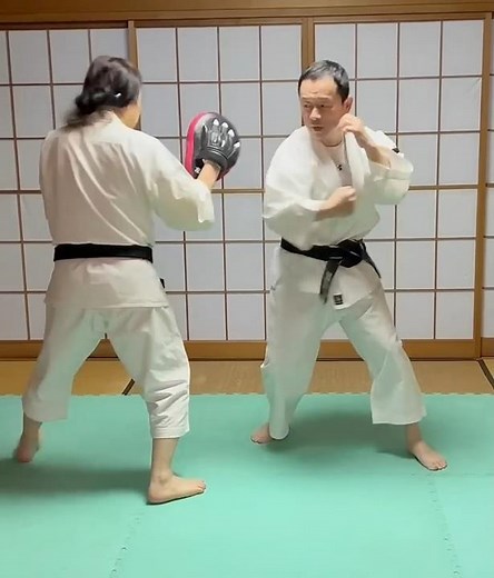少林寺拳法 順突き、逆突き、鉤突きの三連攻をミット打ちで確認。少林寺拳法の特徴は連攻です。相棒さんご協力有難うございました😊