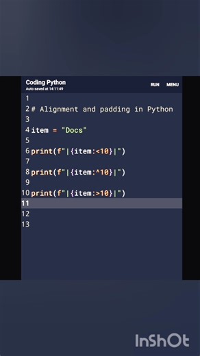 Alignment and padding in Python #python #pyp #python3 #java #coding #code #coder #pythonprogramming