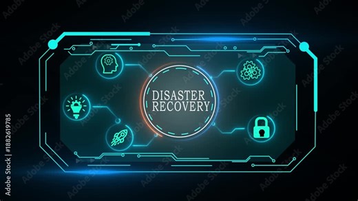 DISASTER RECOVERY concept. Restoring critical systems and data, backup and restoration procedures, proactive planning to mitigate risks and protect against potential disasters. IT system protection