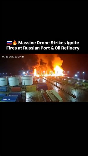 🇷🇺🔥 Massive Drone Strikes Ignite Fires at Russian Port & Oil Refinery CCTV footage shows huge fires erupting at Russia's Temryuk Port and Syzran Oil Refinery after Ukrainian drone strikes on 6 December 2025. The coordinated attacks targeted critical energy and logistics hubs, dealing another blow to Russian fuel supplies and export infrastructure. #Russia #Ukraine #DroneStrike #Temryuk #Syzran #OilRefinery #EnergyWar #WarInUkraine #BreakingNews #Viral #USA #UK #France #Germany #Canada #Austra
