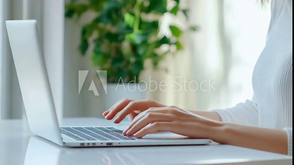 A professional woman working on a laptop at her desk in a well-lit, contemporary home office setting.