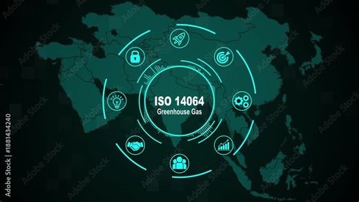 ISO 14064 Greenhouse Gas Emissions Management Animation with Futuristic HUD Interface, Global World Map Background, Carbon Tracking Icons and Climate Data Visualization