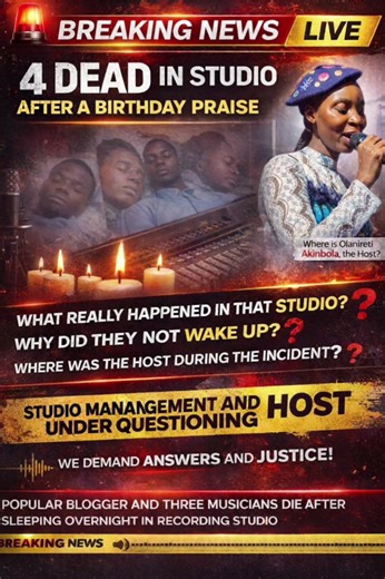 What Really Happened? A tragic real-life incident has left many in shock and searching for answers. In pursuit of a better life, a blogger known as JoesMediaTv and three musicians were reportedly invited to perform at a virtual birthday praise event at a studio around Ajah. Due to the distance of the studio from their homes, they decided to stay overnight at the location. Allegedly, they all passed away in their sleep. Since the news broke, efforts to obtain clear and verified information about 