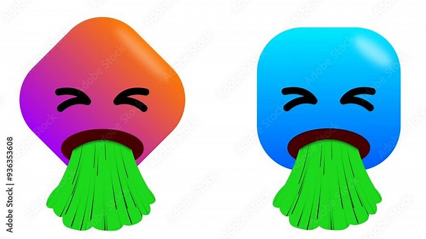 two emoji with vomiting animation in different shapes and colours on green screen. concept for health care.