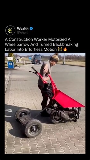 Wealth on Instagram: "This simple modification completely changes how heavy loads will now be moved on his job sites ⚙️🔥 By integrating a compact motor, drivetrain, and powered rear axle into a standard wheelbarrow frame, manual pushing is replaced with controlled propulsion. The motor handles forward motion while the operator focuses on steering and balance, dramatically reducing strain on the lower back, arms, and knees. Because torque is delivered directly to the wheels, heavier loads can be