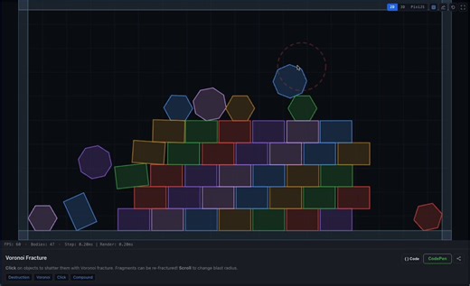 Why is this so satisfying? 💥Voronoi fracture with Nape-JShttps://t.co/9np60CDVo7#gamedev #physics #javascript #napejs