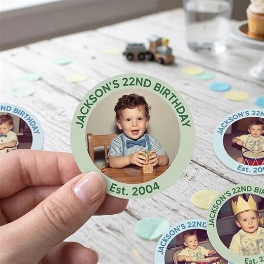 Personalized Birthday Photo Sticker – Custom Name & Age Round Keepsake - Etsy