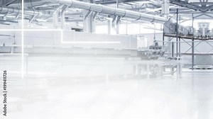Slightly blurred and defocused industrial interior background with moving lines. Toned image for your design with hazed copy space. Industrial technology intro.
