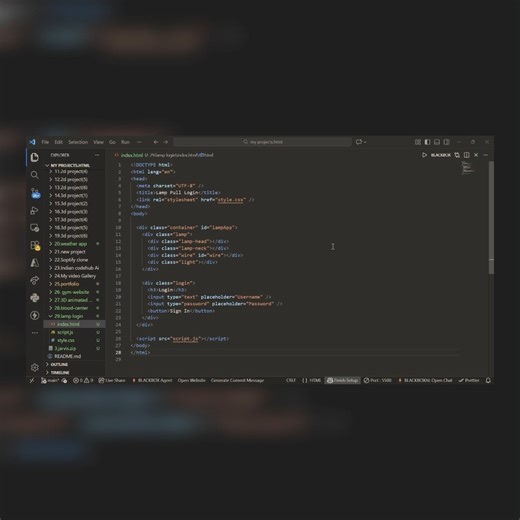 coder on Instagram: "Turning ideas on, one click at a time. Lamp Login page project. Today’s project is a Lamp Login page built using HTML, CSS, and JavaScript. The idea is simple: when the lamp turns on, the login form appears. Focused on animation, interaction, and clean frontend logic. Project files and resources 👇 https://superprofile.bio/indiancoder4 #coding #webdevelopment #frontend #html #css #javascript #animation #uidesign #projects"