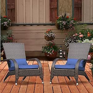 Outdoor Wicker Adirondack Chairs Set 2 Rattan Fire Pit Chairs Oversized Comfy Relax Accent Patio Chairs with Soft Cushion Low Deep Seating Tall Curved Backrest for Outside Backyard Deck Porch Navy