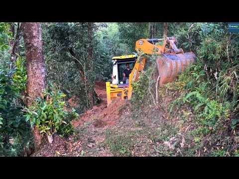 Felling Trees and Opening New Mountain Road out on Hillside with JCB Backhoe