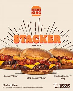 Get ready to stack up the flavor with the NEW Stacker Line, now available in three mouth-watering options! Choose from the classic Stacker King, the crispy Chicken Fillet Stacker King, or the smoky BBQ Stacker King with Onion Rings and BBQ Sauce. 🍔 This is a Limited Edition menu item you must try now! Find your favorite Stacker at all branches for Eat-In, Drive-Thru, and delivery. Don’t miss out❗️ | Burger King Arabia
