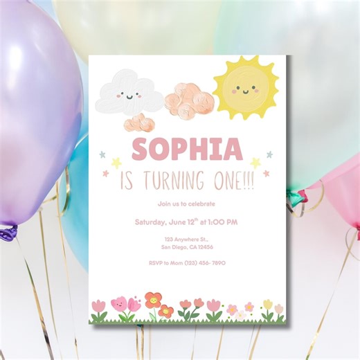 Baby Girl First Birthday Invitation Template | Sunshine Clouds Floral (digital Download) - Etsy