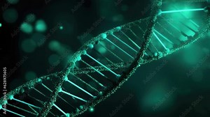 Slow motion DNA code spiral, emerald background, medical biotechnology.