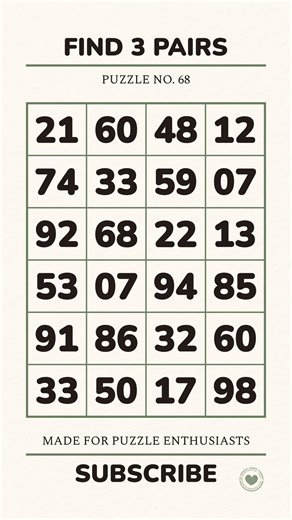 Find the 3 Matching Number Pairs (Seniors & Adults)