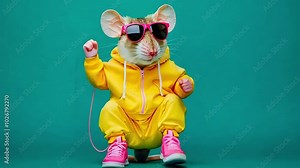 A cute rat wearing yellow hoodie and pink sunglasses with a pink jump rope in its paws, sitting against a teal background. Funny dancing animal video footage concept