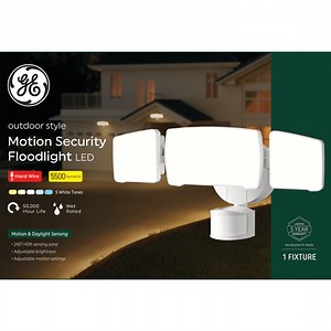 GE Outdoor Security LED Floodlights, Adjustable 3-Head Light with Motion & Dusk to Dawn Sensor, Hardwired, 5500 Lumens