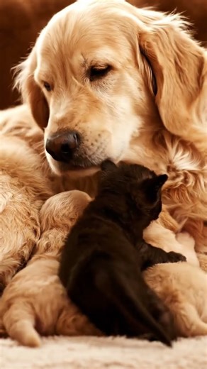 Mom Dog Nurses Two Puppies and… a Tiny Kitten!