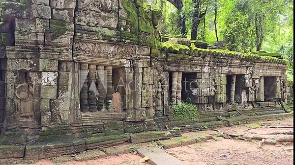 Ta Prohm, Cambodia - 3 July 2025. A moss covered stone temple ruin stands in dense jungle with trees and roots around it. Stock Video
