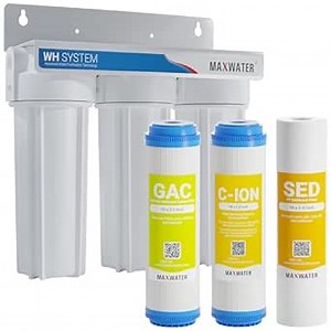 Max Water 3 Stage Water Softening10 inch Standard Water Filtration System for Whole House - Sediment + Cation Resin + GAC - ¾ Inlet/Outlet - Model : WH-SW2