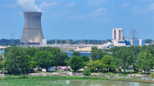 Davis Besse Nuclear Power Plant, Oak Harbor, Ohio, USA in aerial view on Cooling tower and containment vessel