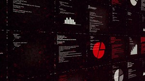 White and red programs.Animation. A problem solving program written on a black background in abstraction with various circular diagrams.