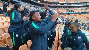 FIFA U17 Women's World Cup-bound South Africa's national Under-17 women squad (Bantwana) enjoying themselves at @KaizerChiefs vs @lidodaduvha #TKO2018 last 16 clash at FNB Stadium. #RoadToUruguay #FIFAU17womensworldcup | SAFA.net - South African Football Association