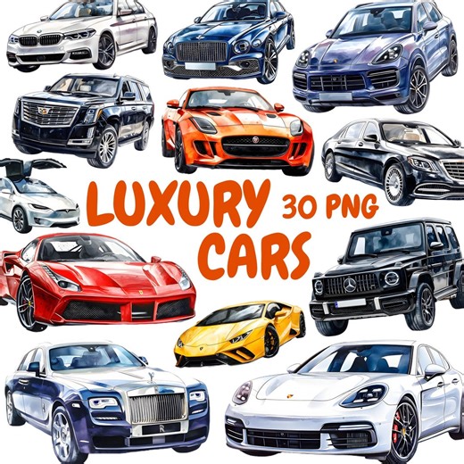 Watercolor Luxury Cars Clipart Bundle, Sports Cars Clipart, Supercar Illustrations, Transparent PNG Graphics, Commercial Use - Etsy