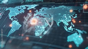 A dynamic map of the world covered in vibrant lights, showcasing global urban areas and population centers in an interactive animation.