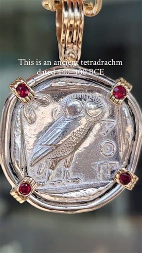 Athena & her owl—classic Athenian tetradrachm, centuries old and beautifully mounted sterling silver with 14K gold prongs embedded with rubies and 14K gold bale. NGC 8243612 - XF – Strike 4/5 – Surface 3/5 History you can wear. #AncientCoins #AthenaAndOwl #Tetradrachm #Numismatics #CoinJewelry #AncientGreece #ArtifactToArt #FineJewelry #CollectorPiece #Provenance #HistoricElegance #StatementPiece #OwlJewelry #Athena | Shipwreck Treasures of the Keys
