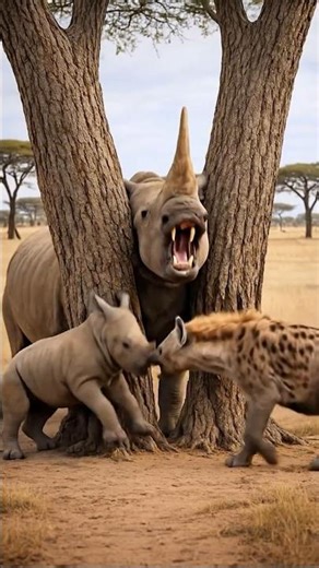 Rhino Trapped Against a Tree Fights for Life in Brutal Hyena Attack #wildlife #wildliferescue