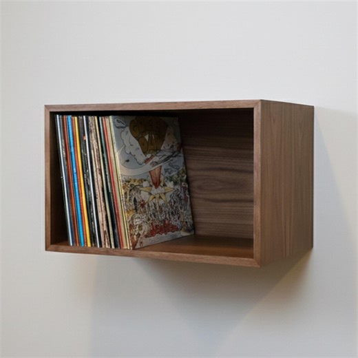 Walnut Album Storage Case for Vinyl Records & LP Collection, Handmade Record Shelf With Easy Installation