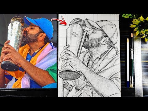 Rohit Sharma Drawing with ICC Champion Trophy🏆, How To Draw Rohit Sharma With Trophy, रोहित शर्मा