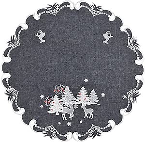 Dark Gray and Silver Reindeer Round Table Topper Scarf Place Mat Doily Centerpiece Small Tablecloth (24 Inch)
