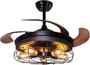 Ohniyou Retractable Blades Ceiling Fan with Lights and Remote, Rustic Industrial Ceiling Fan Ideal for Farmhouse, Patio, Kitchen, Bedroom, Living Room (42 Inches, Black)