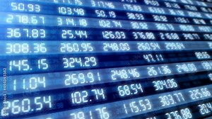 Stock market board screen with growth financial figures and indexed of the exchange securities. Growing annual report of the business investment profit. Digital 3d background with commercial values.