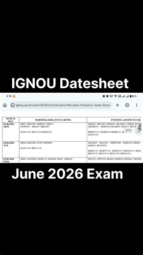IGNOU June Exam New Datesheet Related 2026 #ignou