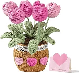 Gifts for Mom Crochet Flower Bouquet Tulips Potted Plant Flowers Birthday Thank You Gift for Women Home Desk Decor (Pink)
