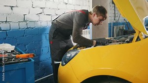 Mechanic in car service - repairing in engine compartment