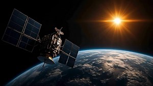 Download Satellite in orbit over earth with sun in the background for free