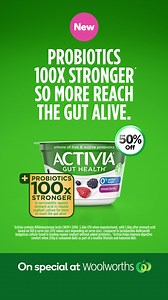 Support your gut health*. Activia contains probiotics 100x stronger^ in survivability. Regular yoghurt just can't hold a spoon to it. ^Activia contains Bifidobacterium lactis CNCM I-2494. 5.6bn CFU when manufactured, with 1.6bn after stomach acid based on 160 g serve size (CFU values vary depending on serve size). Compared to lactobacillus delbrueckii bulgaricus culture found in most regular yoghurt without added probiotics. *Gut health is better with Activia because Activia helps improve digest