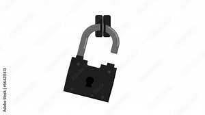 Animated padlock barn lock on hinges opens and closes. Safe storage of valuables and money. Cartoon looped video isolated on white background