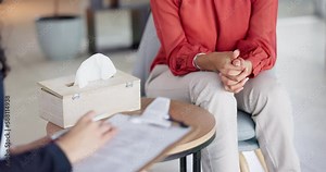 Clipboard, therapy and listening people hands for depression, mental health or psychology advice, support and evaluation. Therapist consulting client, helping and checklist for counseling assessment