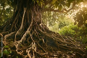a large tree with very large roots in a forest