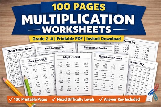 Multiplication Worksheets Printable | 100 Pages Math Practice | Grade 2–4 Homeschool | Instant Download PDF - Etsy