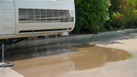 Continuous condensation release from an active outdoor air conditioning unit creating a damp patch on the ground under sunny conditions, highlighting a common operational byproduct