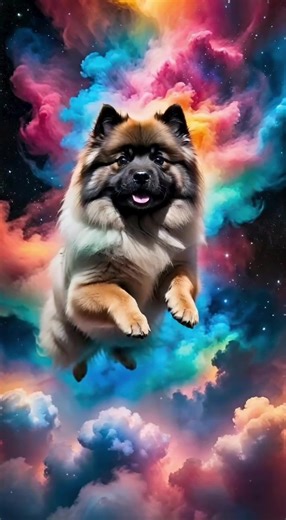 Keeshond joyfully tumbles through cloud-like nebula clusters in outer space🐶🌌✨