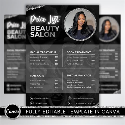 Black Price List Template Beauty Salon Pricing, Lash Tech, Hair Stylist, Braiders, Wig, Nail, Makeup, Editable DIY Canva Template Pricing