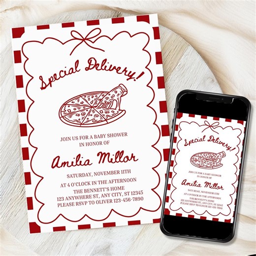 Pizza Baby Shower Invitation, Special Delivery Theme Trendy Hand Drwan Digital Template - Etsy