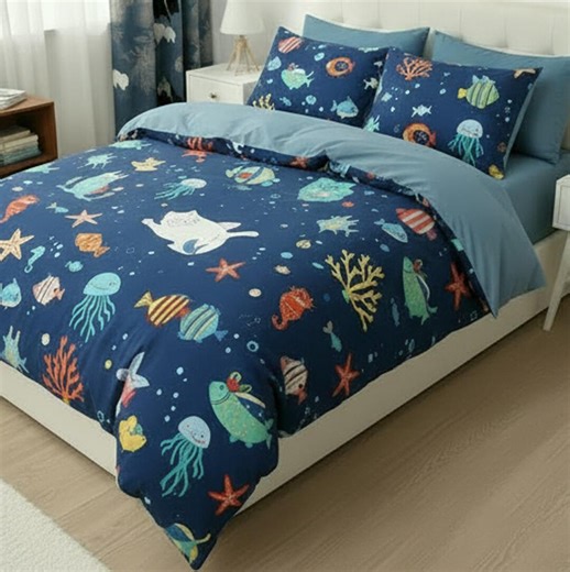 Ocean Animal Bedding Set, Underwater Sea Life Duvet Cover, Cute Marine Comforter Set, Fish Jellyfish Starfish Bedding, Kids Ocean Decor - Etsy